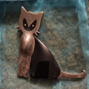 Vintage Taxco Silver & Onyx Cat Brooch